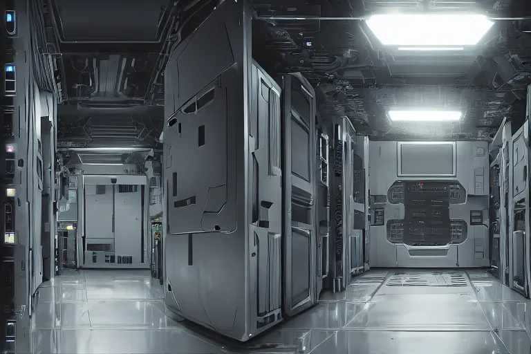 Image similar to parallax datacenter server room single mono colossus white rusty android robosaurus guard in artstation cinematic detailed concept art volumetric light sharp coherent cgsociety symmetric perfect server equipment