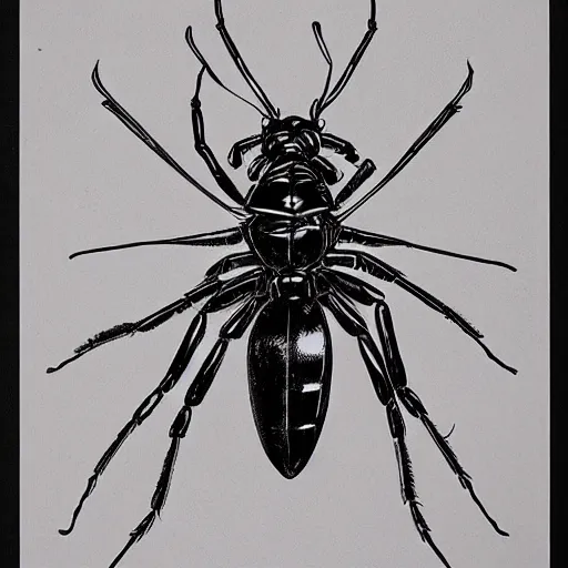 Prompt: black scorpion bug red glowing eyes drawn by Shuichi Shigeno and Michiharu Kusunoki pen ink drawing
