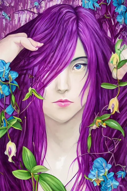 Prompt: an attractive girl is surrounded by colorful orchids, symmetrical face and eyes, flat upper body face, long straight purple hair, visible face, otaku : : portrait, painting, splash