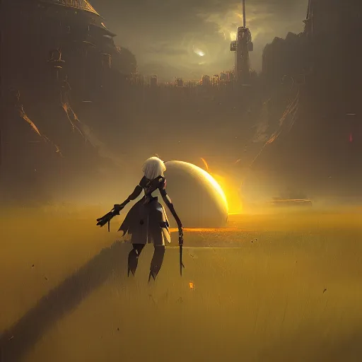 Image similar to beautiful landscape, nier automata, protoss temple, advanced technology, cinematic lighting, highly detailed, masterpiece, art by bastien grivet