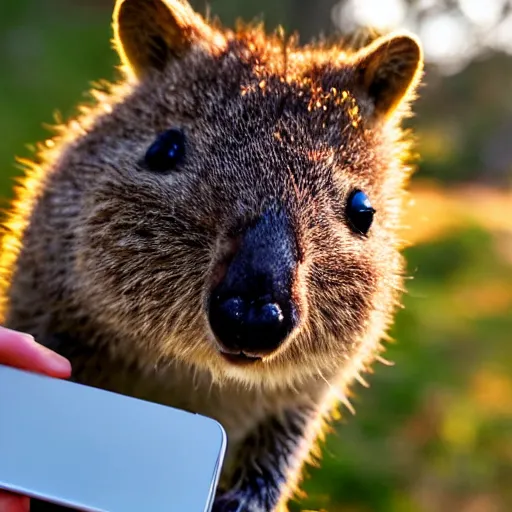 Image similar to quokka taking a selfie, golden hour, realistic