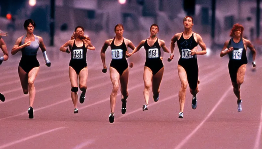 Image similar to The matrix, LeeLoo, Starship Troopers, Clarice Starling, Sprinters in a race with a clear winner, The Olympics footagein a stadium, intense moment, cinematic stillframe, Robby Mueller, The fifth element, vintage robotics, formula 1, starring Geena Davis, sports photography, clean lighting