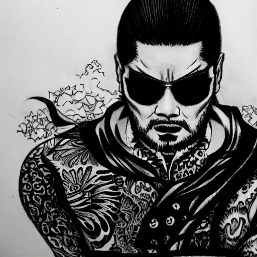 Image similar to intricate, realistic ink drawing of a yakuza in a splash of ink, 8 k