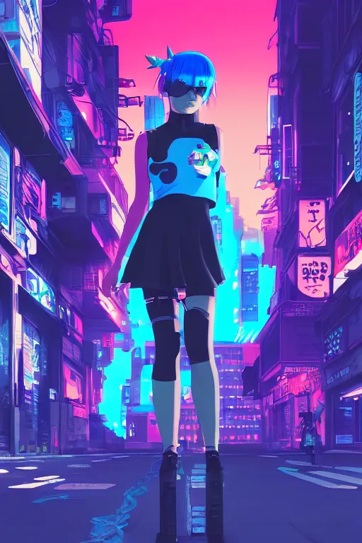 Prompt: digital illustration of cyberpunk pretty girl with blue hair, wearing a short mini skirt and tank top, with a cyberpunk dragon in city street at night, by makoto shinkai, ilya kuvshinov, lois van baarle, rossdraws, basquiat