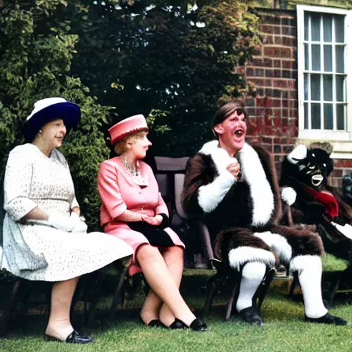 Prompt: queen elizabeth and peter beardsley and two furries seated in audience outdoors kodachrome washed out vintage summertime