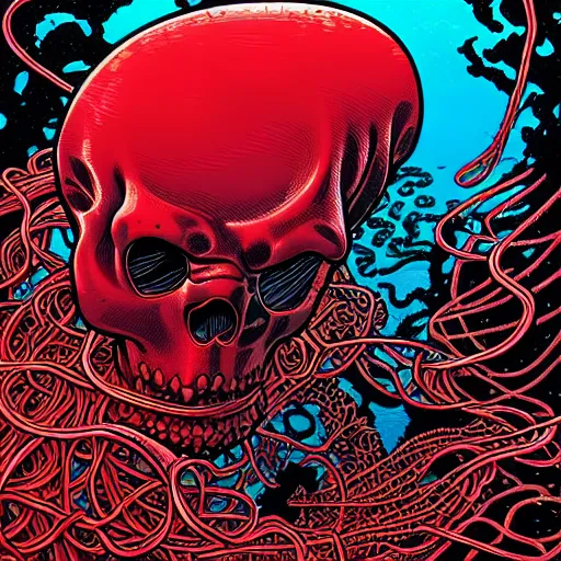 Prompt: a glowing red skull in the sea enveloped by jellyfish tendrils and black seaweed by josan gonzalez and dan mumford and laurie greasley and harry clarke, highly detailed, high contrast