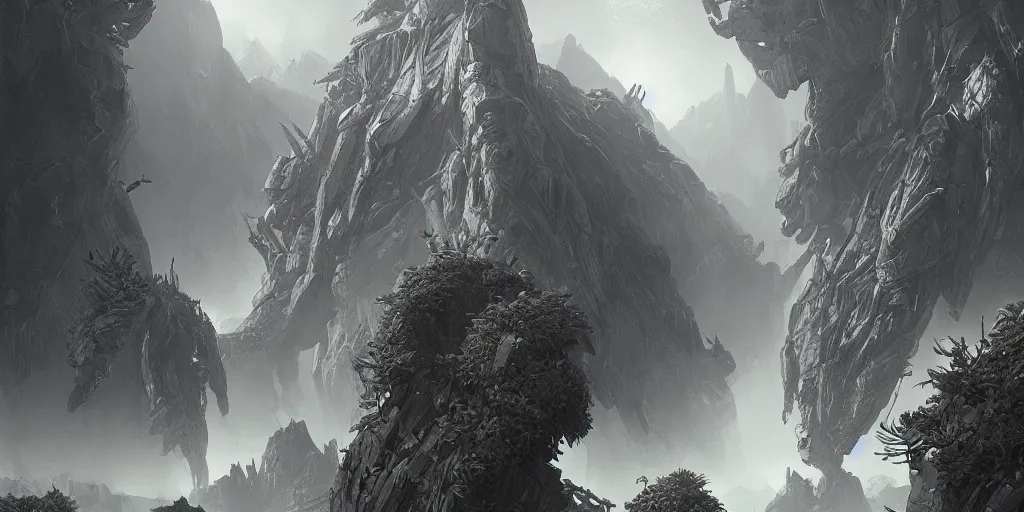 Image similar to robotic mechas in highly detailed alien planet with lush vegetation, deserts and mountains, desaturated, fog, mystical, artgerm, cgsociety