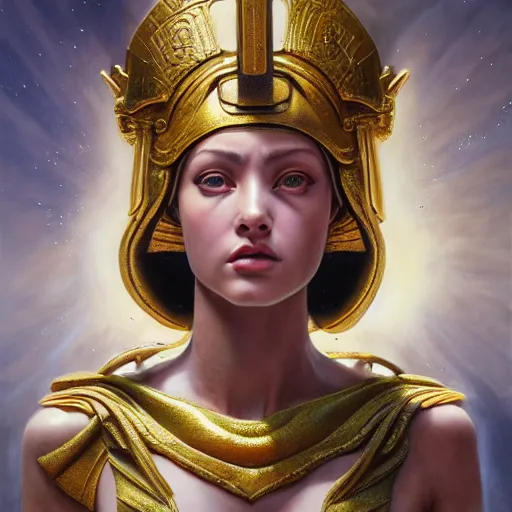 Image similar to hyperrealistic mixed media painting of beautiful goddess Athena, stunning 3d render inspired art by P. Craig Russell and Barry Windsor-Smith, perfect facial symmetry, dim volumetric lighting, 8k octane beautifully detailed render, post-processing, portrait, extremely hyper-detailed, intricate, epic composition, cinematic lighting, masterpiece, trending on artstation, very very detailed, masterpiece, stunning