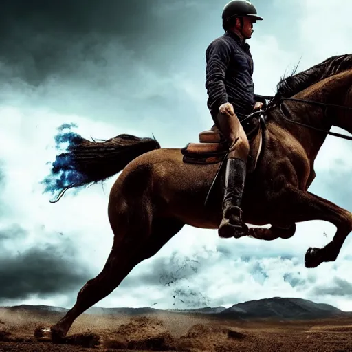 Image similar to hyper realistic picture of the horse rider of the apocalypse decending the sky on the verge of human extintion, deep shadows, high contrast, ash atmospher, nuclear winter