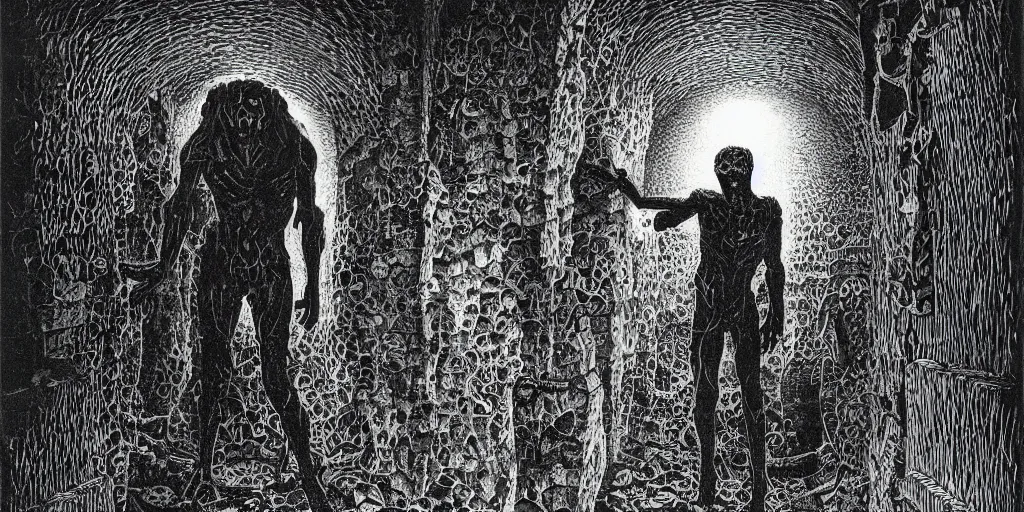 Prompt: monsters lurking in the shadows of the catacomb | fantasy | virgil finlay |