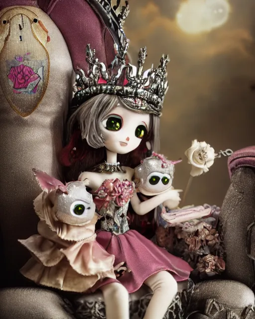 Image similar to highly detailed closeup, face profile portrait of a tin toy fumo plush anime goth fairytale princess wearing a crown and sitting on a throne, bikini, depth of field, nicoletta ceccoli, mark ryden, lostfish, dan decarlo, bob clampett, max fleischer, detailed and intricate environment, 8 k resolution, hyperrealistic, octane render