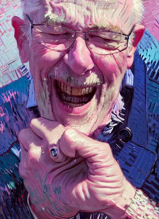 Image similar to portrait of a beautiful old man, smiling, ecstatic, dancing, eyes closed, open mouth, shades of pink and blue, beautiful face, rule of thirds, intricate outfit, spotlight, by greg rutkowski, by jeremy mann, by francoise nielly, by van gogh, digital painting