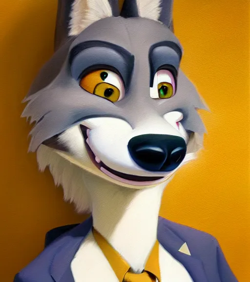 Image similar to oil painting of full body of anthromorphic female wolf, in style of zootopia, zootopia, zootopia, fursona, furry, furaffinity, 4 k, deviantart, furry art, fursona art, wearing black business suit, business suit, in style of zootopia, wolf fursona, cyberpunk, female, expressive detailed feminine face,