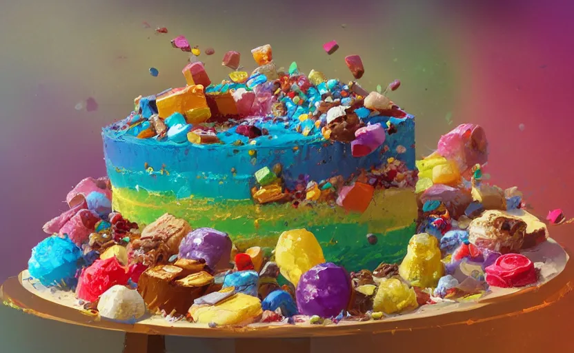 Image similar to a colorful digital painting of a cake with lots of sweets on it, by greg rutkowski and james gurney, sharp details, 8 k, highly detailed, matte background, trending on artstation