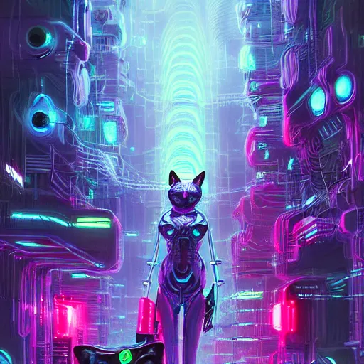 Prompt: cats cyborg inside an scifi tentacles wires futuristic city, beautiful neon cats, cinematic, highly detailed, photorealistic, rich bright colors, trending on artstation, giger, tsutomu nihei, trending on cgsociety, awe inspiring bruce pennington cityscape, digital art painting of 1 9 6 0 s