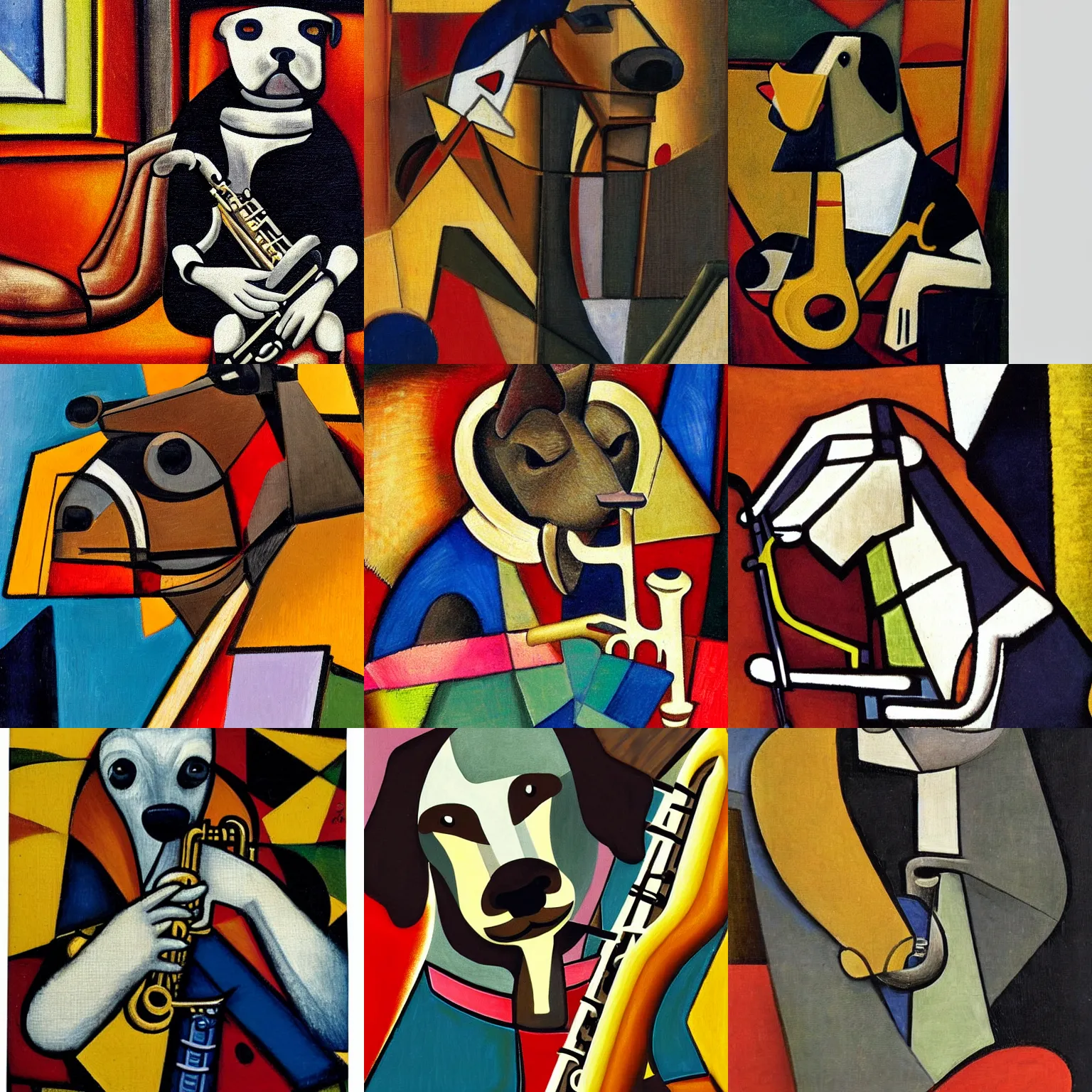 Prompt: dog playing the saxophone, sitting on the couch, medieval portrait, cubism, close up