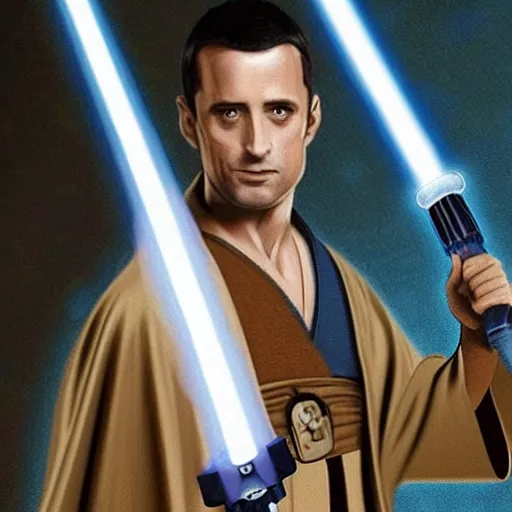 Prompt: Freddie Prinze Jr. as a jedi, battle worn robes, standing in a fighter stance@with a blue lightsaber, photorealistic
