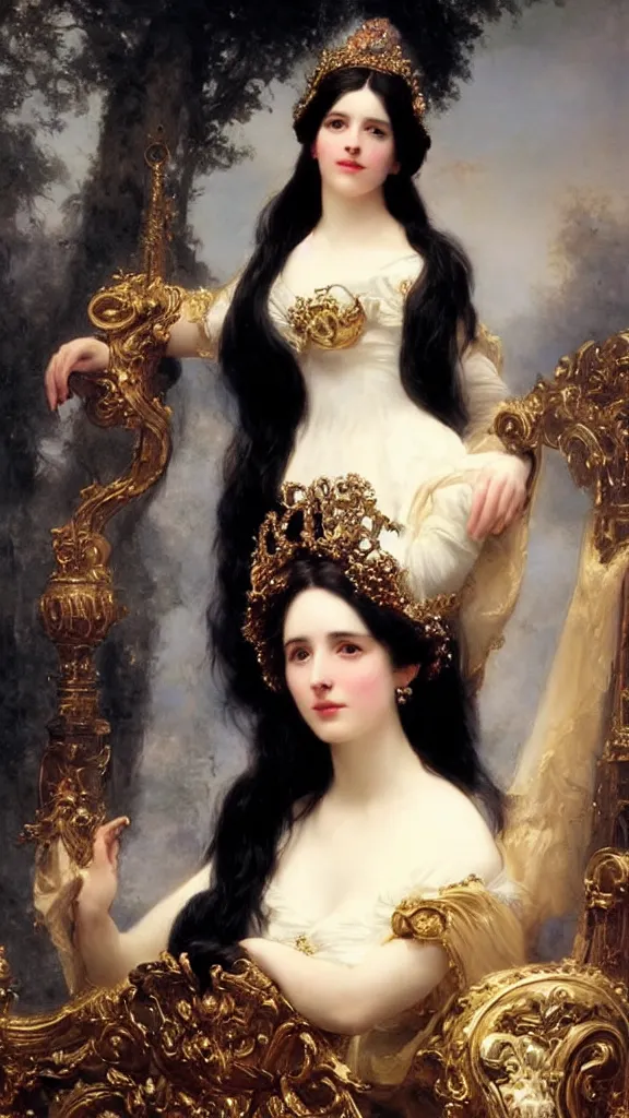 Image similar to a beautiful black haired woman with pale skin and a crown on her head sitted on an intricate metal throne by franz xaver winterhalter and delphin enjolras and rebecca guay