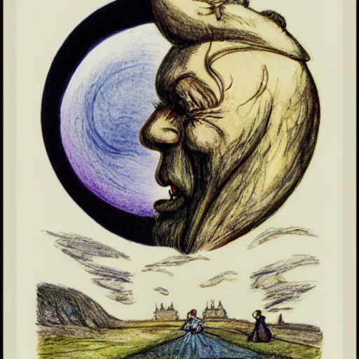 Image similar to crescent moon with man face smiling portrait, side view, surrounded by clouds, illustrated by peggy fortnum and beatrix potter and sir john tenniel