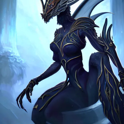 Prompt: highly detailed exquisite fanart, of a beautiful female warframe, but as an anthropomorphic dragon, elegant cinematic pose, sitting on top of a cryopod, epic cinematic shot, sharp clawed perfectly designed hands, professional digital art, high end digital art, fantasy, sci fi, DeviantArt, artstation, Furaffinity, 8k HD render