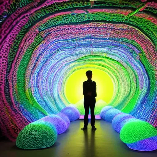 Prompt: a man standing in a tunnel with a colorful background, an abstract sculpture by huang ding, featured on dribble, interactive art, made of insects, biomorphic, irridescent