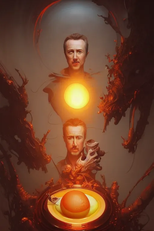 Prompt: edward norton face is a frying egg, yolk face, big frying pan, hyper detailed, digital art, artstation, cinematic lighting, studio quality, smooth render, by peter mohrbacher, hajime sorayama, wayne barlowe, boris vallejo, aaron horkey, gaston bussiere, craig mullins