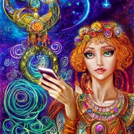 Prompt: a zodiac goddess checking her cell phone by senior concept artist josephine wall, acrylic on canvas, intricately detailed, high resolution trending on artstation