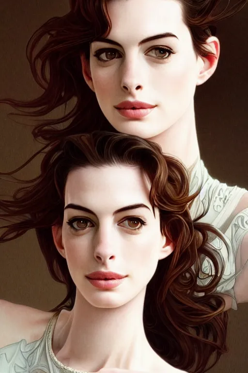 Image similar to very very beautiful longshot photo of anne hathaway, intricate, elegant, highly detailed, artstation, concept art, smooth, sharp focus, illustration, art by artgerm and moebius and alphonse mucha