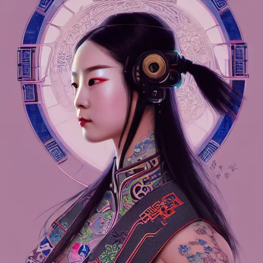 Image similar to a portrait of a female cyberpunk machine, machine face, upper half portrait, decorated with chinese opera motifs, asian, fine china, wuxia, traditional chinese art, intricate, elegant, highly detailed, symmetry, headpiece, digital painting, artstation concept art smooth sharp focus, illustration, art by artgerm and greg rutkowski alphonse mucha 8 k