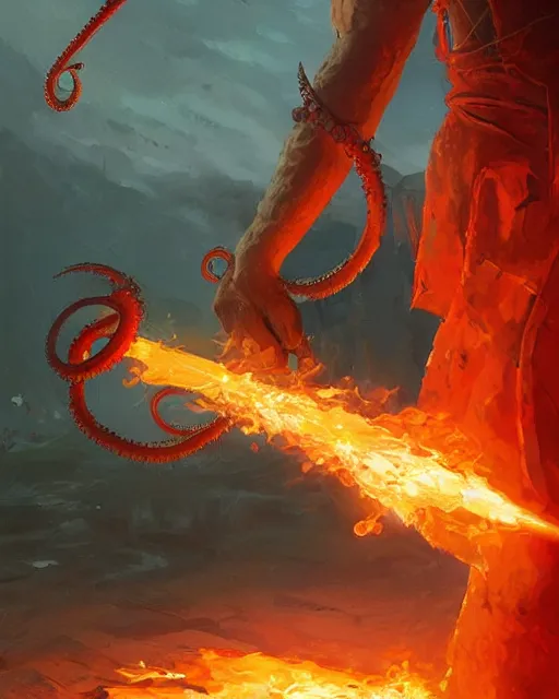 Image similar to tentacled [ squidward ], detailed face, wearing fire nation clothing and practicing firebending outside at susnset, [ greg rutkowski ]