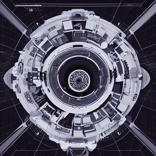 Image similar to top view symmetric spacepunk round parts space ship schematics art by art station trending spaceship modeler. digital art, 3 d rendering, octane render.