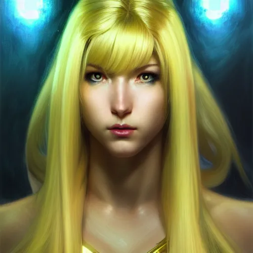 Image similar to portrait of Zero suit Samus with long blonde hair as League of Legends character, digital illustration portrait, dark fantasy, medium shot, intricate, elegant, highly detailed, digital painting, volumetric light, artstation, concept art, smooth, sharp focus, illustration, art by Donato Giancola and Gil Elvgren and Greg Manchess and Alphonse Mucha