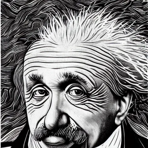 Image similar to portrait of einstein, mash - up between mc escher and vincent van gogh