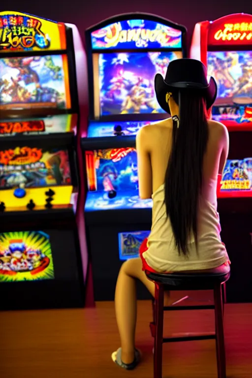 Image similar to full view, from a distance, of taiwanese girl with tattoos, wearing a cowboy hat, playing video games in arcade, highly detailed