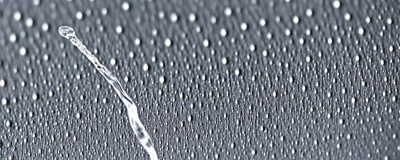 Prompt: a single drop of water balances on the tip of a pin, extreme close - up