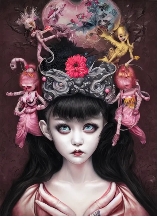 Image similar to pop surrealism, lowbrow art, realistic cute babymetal painting, japanese street fashion, hyper realism, muted colours, rococo, natalie shau, loreta lux, tom bagshaw, mark ryden, trevor brown style,