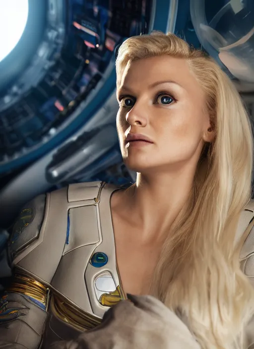 Image similar to closeup portrait of a blonde alien plejaren woman inside a spaceship wearing a space uniform, depth of field, zeiss lens, detailed, symmetrical, centered, fashion photoshoot, by annie leibovitz and steve mccurry, david lazar, jimmy nelsson, breathtaking, 8 k resolution, extremely detailed, beautiful, establishing shot, artistic, hyperrealistic, beautiful face, octane render