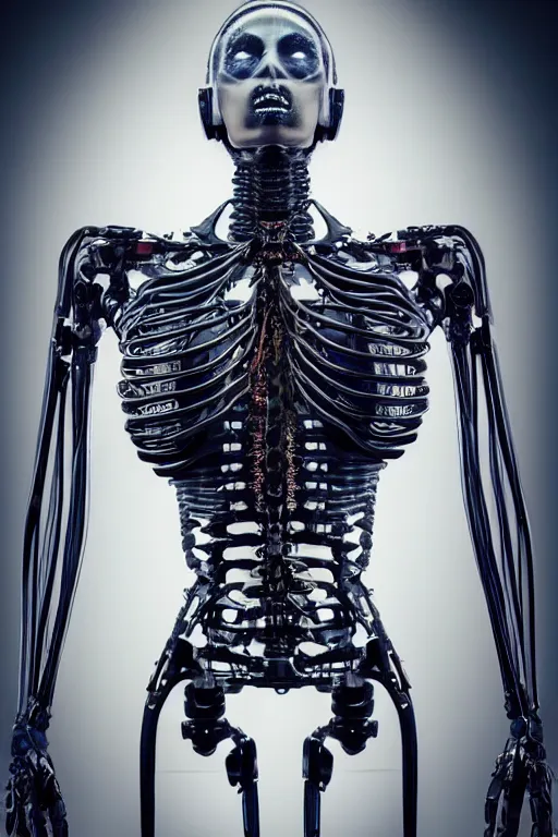 Prompt: symmetry!! beautiful cybernetic android craniun full body + spinal cord cables, medical anatomy, based on elysium movie, very symmetrical exoskeleton hydraulic valve, rectilinear robotic muscular transmission derailleur with curvy muscular back view neck muscles in the black crystal cube, cinematic photo, by vitaly bulgarov