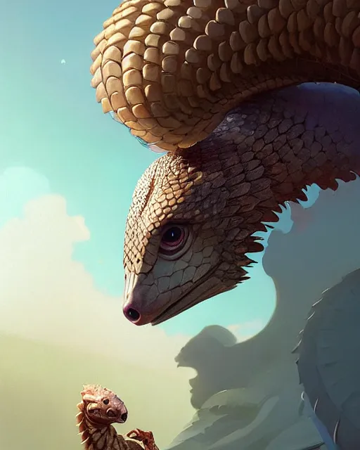 Image similar to highly detailed vfx portrait of a pangolin with white and gold cyborg scales, unreal engine, greg rutkowski, loish, rhads, beeple, makoto shinkai and lois van baarle, ilya kuvshinov, rossdraws, tom bagshaw, alphonse mucha, global illumination, detailed and intricate environment