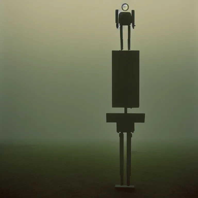 Image similar to a sole lanky liminal observer droid by dennis mejillones, in a brutalist yet rural landscape by simon stalenhag, 3 5 mm film photography, dawn, eerie fog