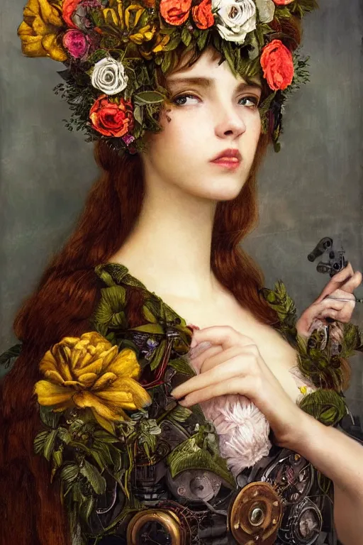 Image similar to close-up portrait of a beautiful young cyborg woman with a big steampunk flower crown, Pre-Raphaelite