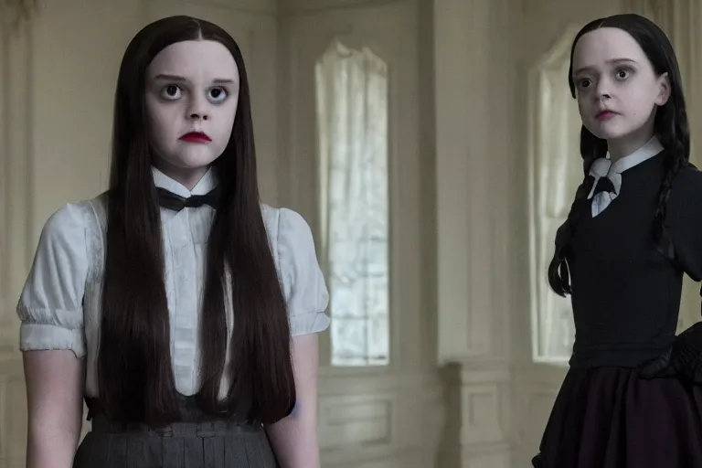 Image similar to a scene of wednesday addams in the haunting of hill house ( 2 0 1 8 ), 8 k, 4 k hd