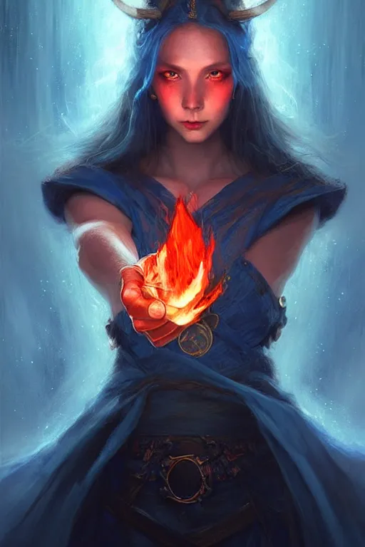 Image similar to Front portrait of mage hold a blue fire on right hand and red fire on the left hand, full body, fine art, awesome fantasy book cover on Pinterest, award winning, dark fantasy landscape, fantasy magic, intricate, elegant, sharp focus, cinematic lighting, highly detailed, digital painting, concept art, art by WLOP and Artgerm and Greg Rutkowski, masterpiece, trending on artstation, 8K