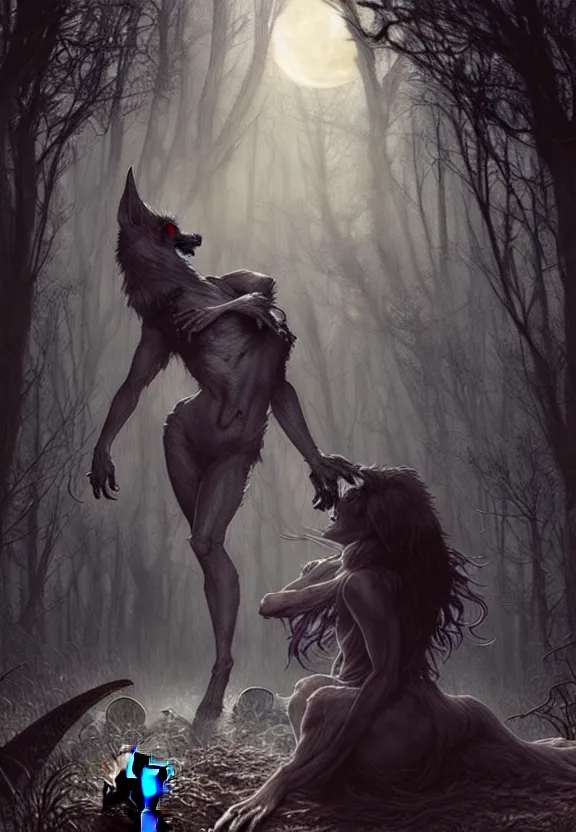 Prompt: Encounter with a feral werewolf at a spooky old cemetery, gravestones, tombstones, angel statues, fantasy magic, dark light night, intricate, elegant, sharp focus, illustration, highly detailed, digital painting, concept art, matte, art by WLOP and Artgerm and Greg Rutkowski and Alphonse Mucha, masterpiece