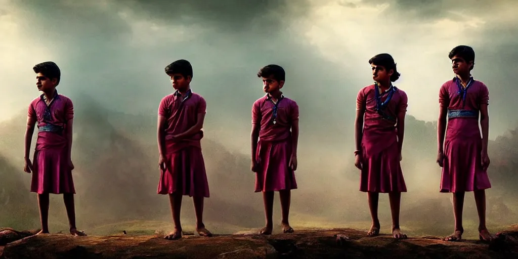 Image similar to kerala school boys wearing girls dresses posing for a photo, an epic fantasy, dramatic lighting, cinematic, establishing shot, extremely high detail, photorealistic, cinematic lighting, artstation, matte painting by christopher nolan, horizon forbidden west