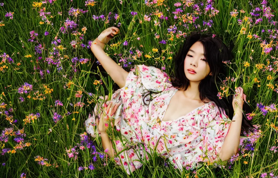 Image similar to a beautiful young Asian woman lying in a field of wildflowers, wearing a sun dress, portrait, dreamy, cinematic, depth of field, glow