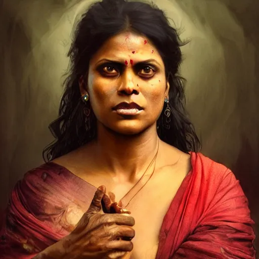 Prompt: portrait painting of a black muscular bloodied indian middle aged woman in river screaming name of god, sari, ultra realistic, concept art, intricate details, eerie, horror, highly detailed, photorealistic, octane render, 8 k, unreal engine. art by artgerm and greg rutkowski and alphonse mucha