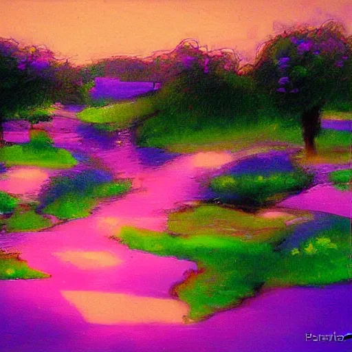 Image similar to a beautiful oasis at night pink blue purple by peter stephens