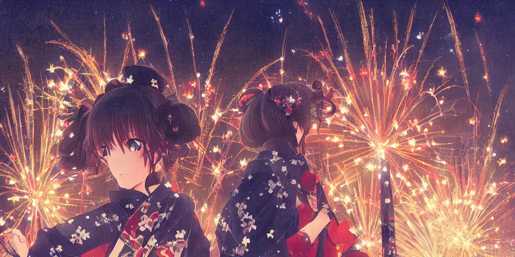 Prompt: anime kyoto animation key by greg rutkowski night, fireworks festival at kamokawa, kimono,