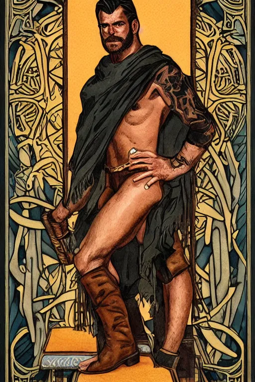 Prompt: a beautiful dramatic tarot card of a shirtless rugged handsome cowboy wearing boots, dad bod, thick build, homoerotic, art deco, art nouveau, by mark maggiori, by bill ward, trending on artstation